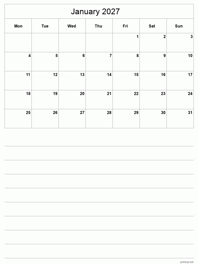 January 2027 Printable Calendar - Half-Page With Notesheet