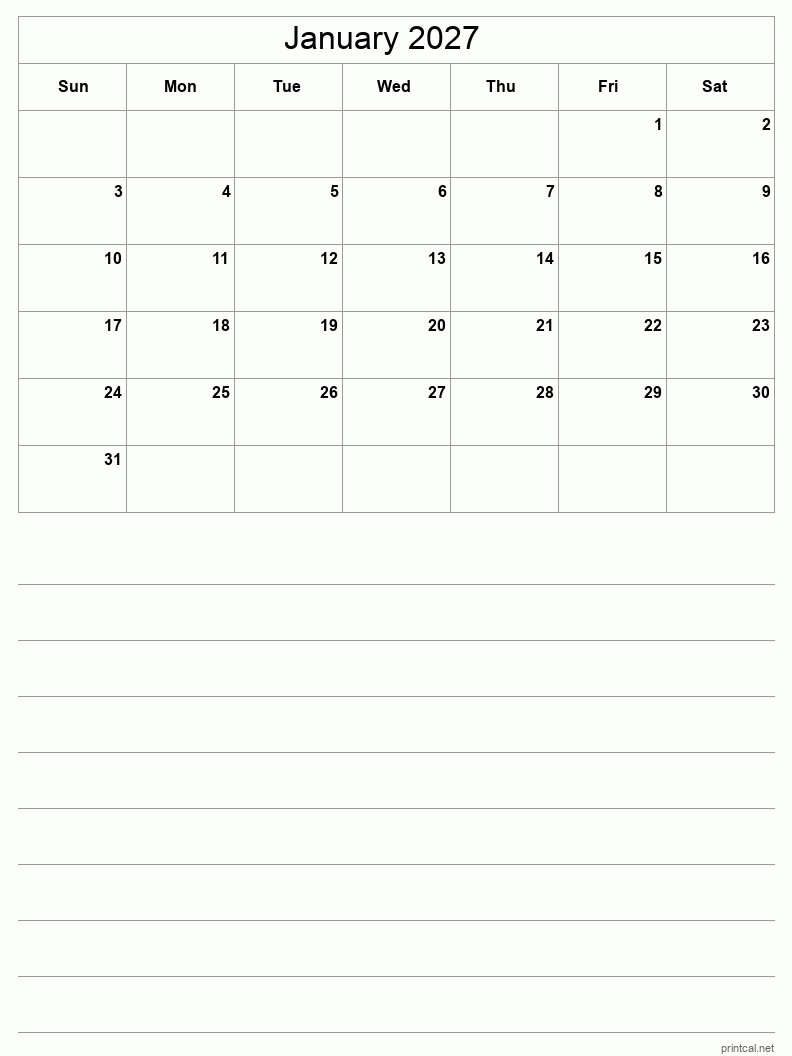 January 2027 Printable Calendar - Half-Page With Notesheet