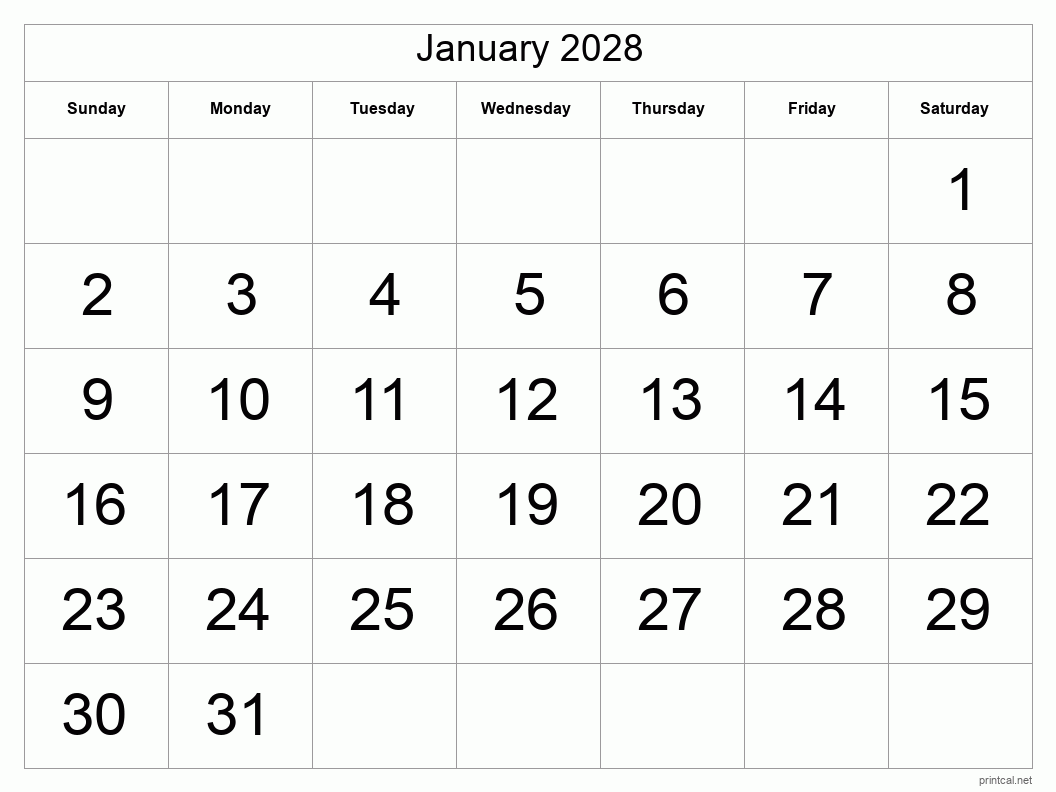 January 2028 Printable Calendar - Big Dates
