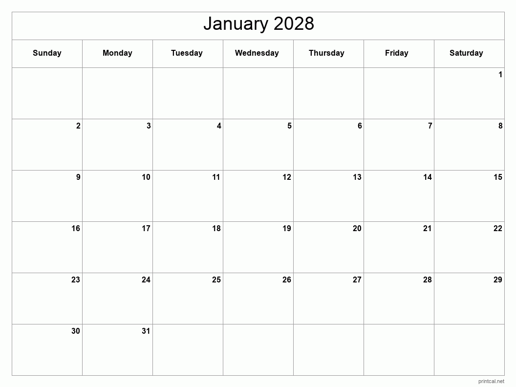 January 2028 Printable Calendar - Classic Blank Sheet