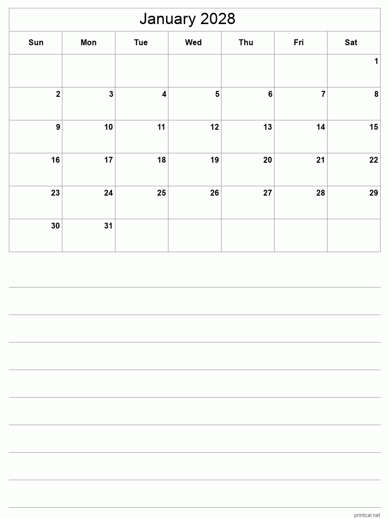 January 2028 Printable Calendar - Half-Page With Notesheet