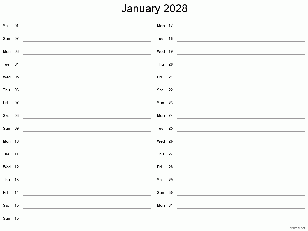 January 2028 Printable Calendar - Two Column Notesheet