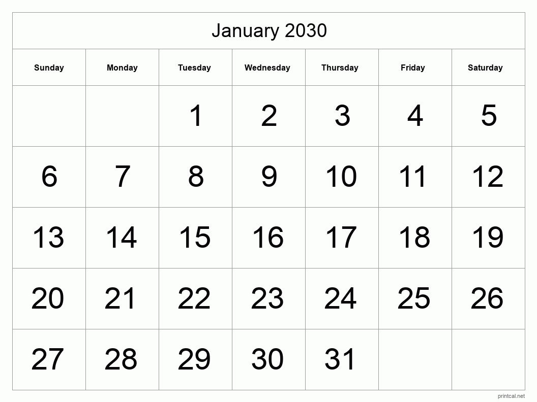 January 2030 Printable Calendar - Big Dates