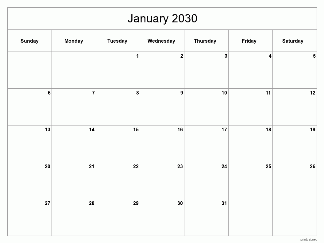 January 2030 Printable Calendar - Classic Blank Sheet