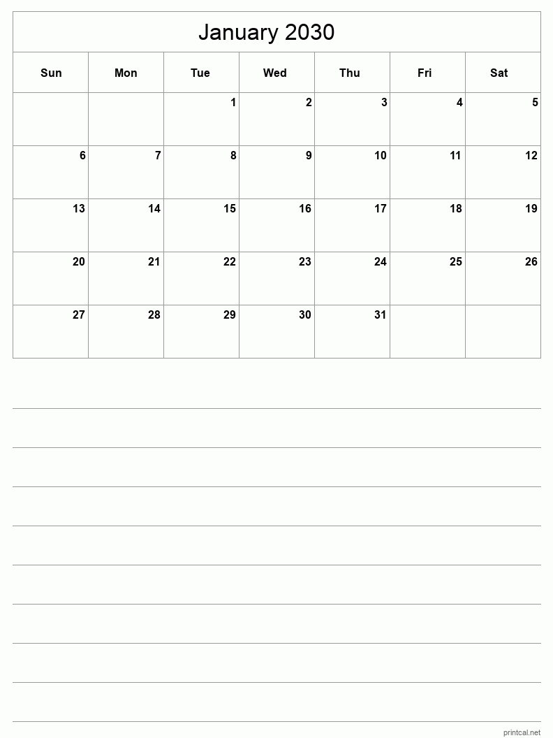 January 2030 Printable Calendar - Half-Page With Notesheet