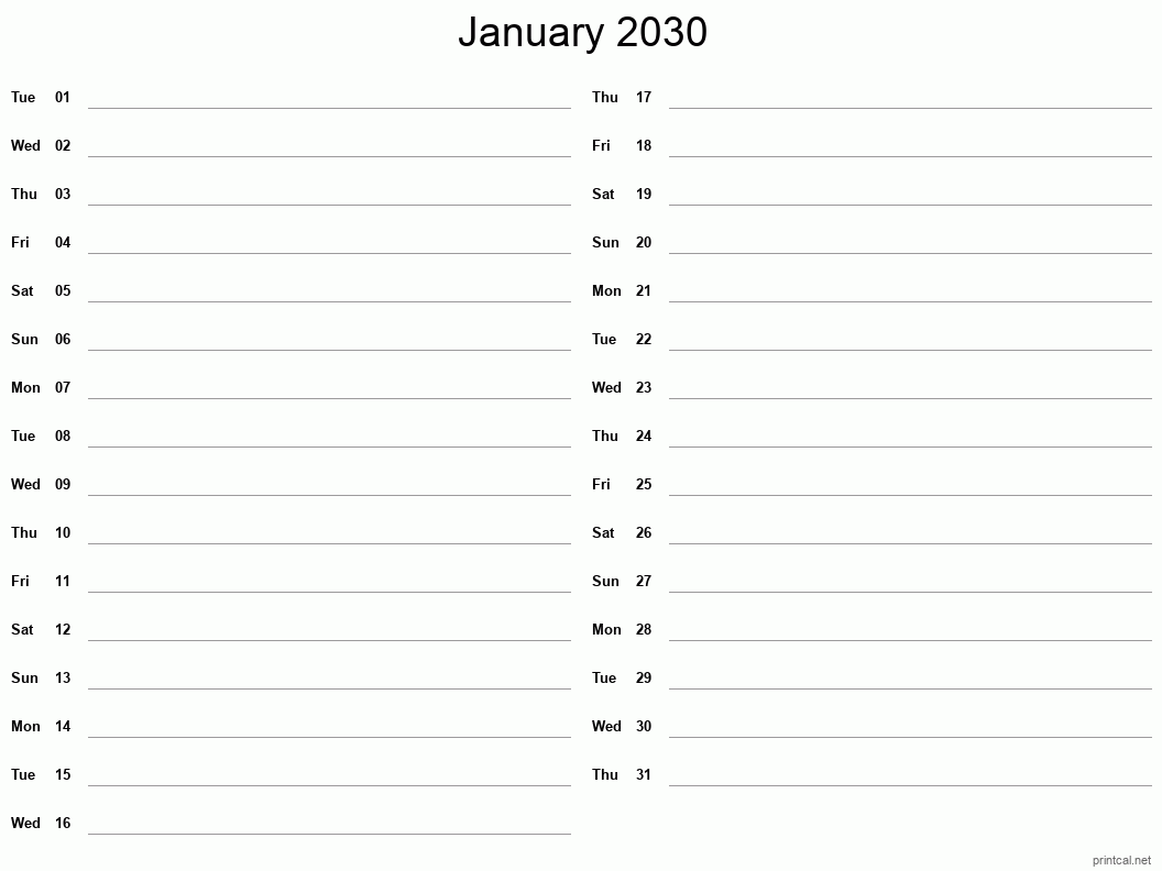 January 2030 Printable Calendar - Two Column Notesheet