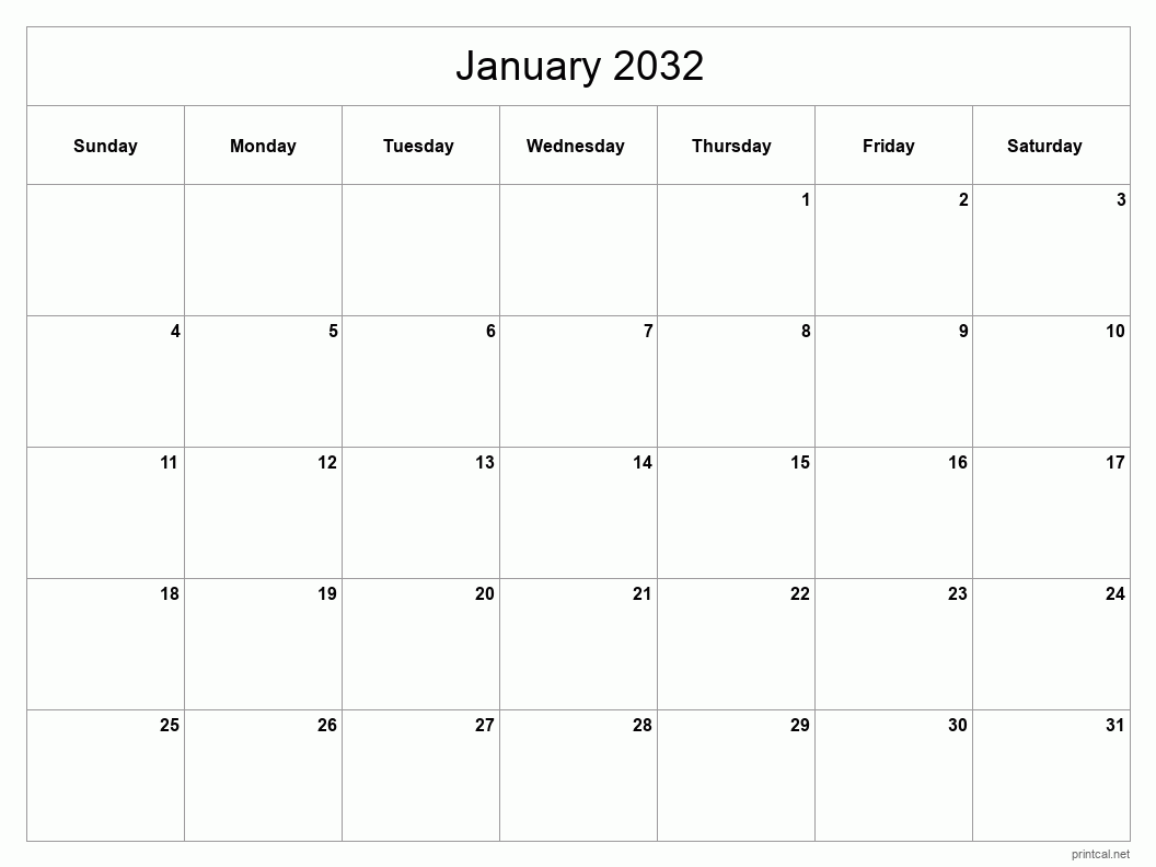 January 2032 Printable Calendar - Classic Blank Sheet