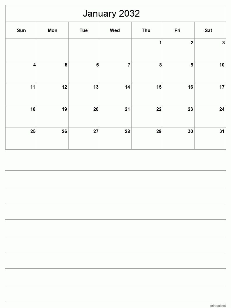 January 2032 Printable Calendar - Half-Page With Notesheet