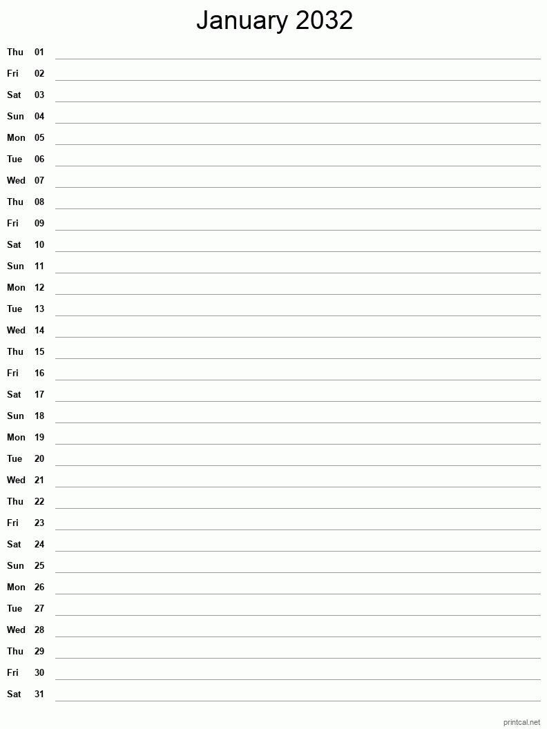 January 2032 Printable Calendar - Single Column Notesheet
