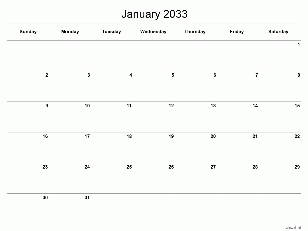 January 2033 Printable Calendar - Classic Blank Sheet