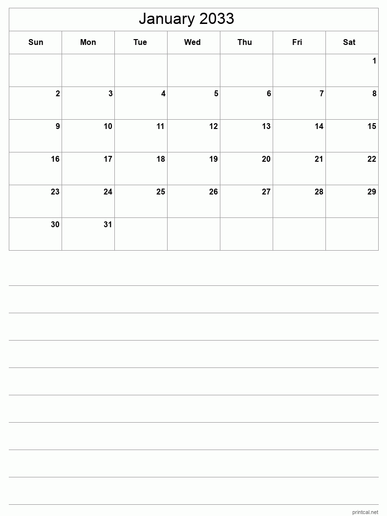 January 2033 Printable Calendar - Half-Page With Notesheet