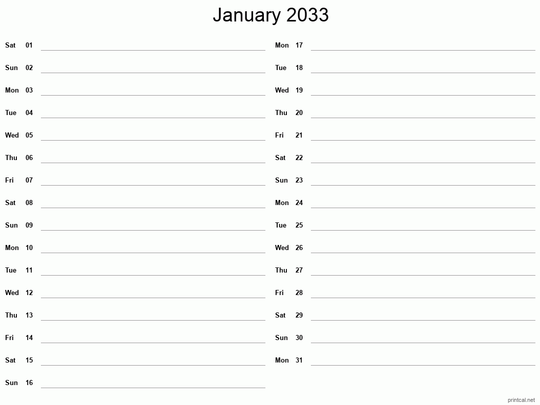 January 2033 Printable Calendar - Two Column Notesheet