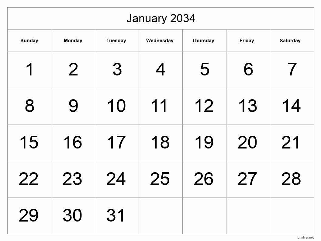 January 2034 Printable Calendar - Big Dates