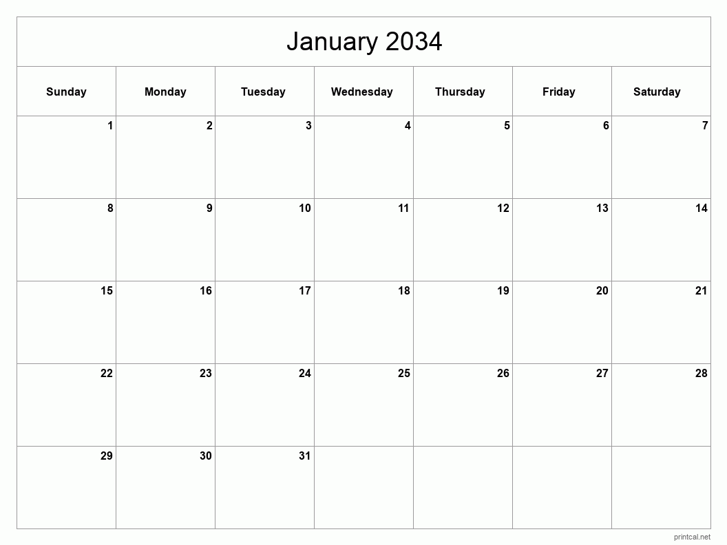 January 2034 Printable Calendar - Classic Blank Sheet