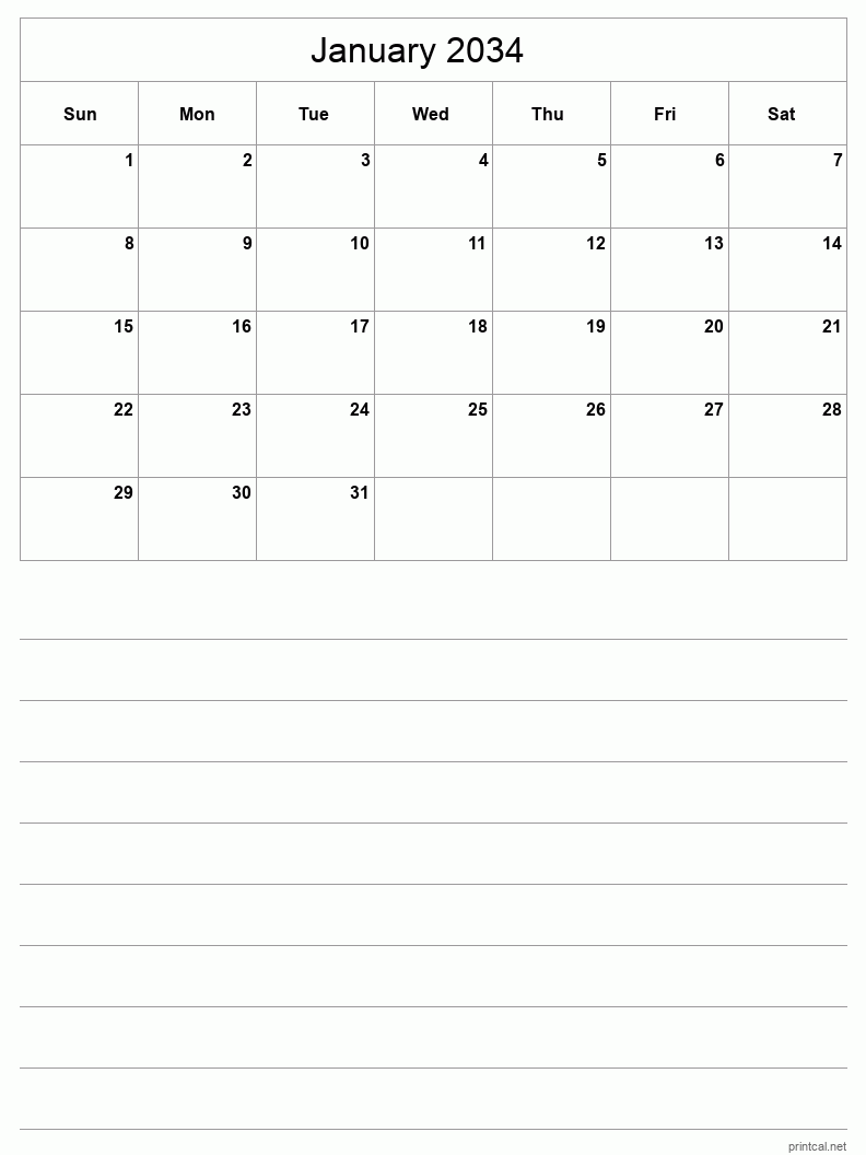 January 2034 Printable Calendar - Half-Page With Notesheet