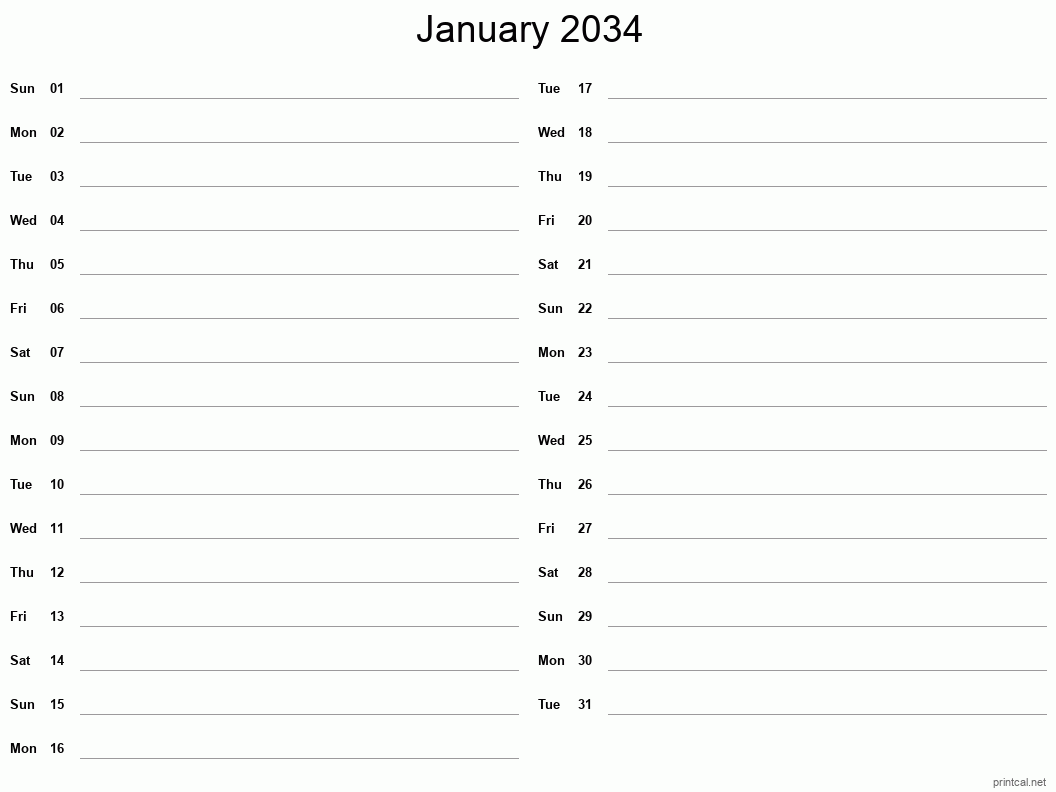 January 2034 Printable Calendar - Two Column Notesheet