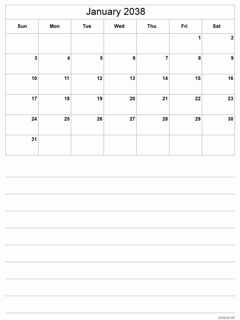 January 2038 Printable Calendar - Half-Page With Notesheet