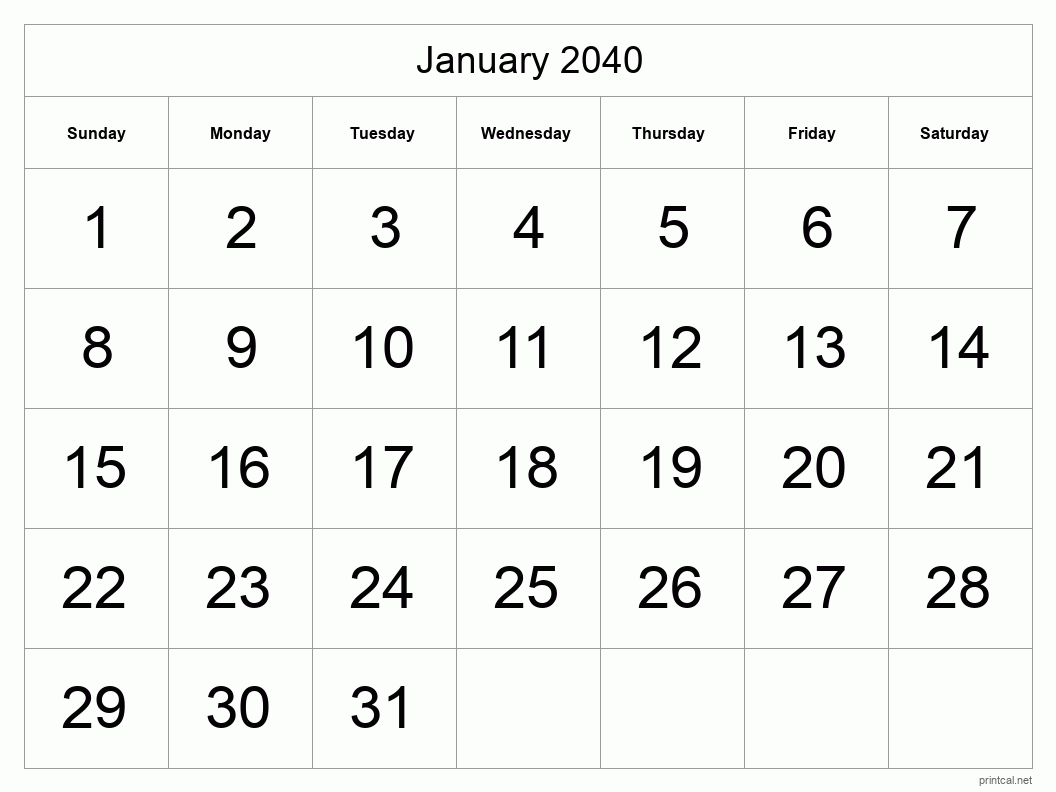 January 2040 Printable Calendar - Big Dates