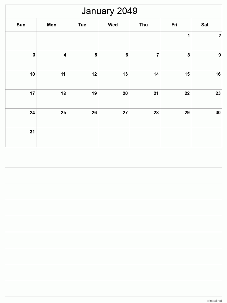 January 2049 Printable Calendar - Half-Page With Notesheet