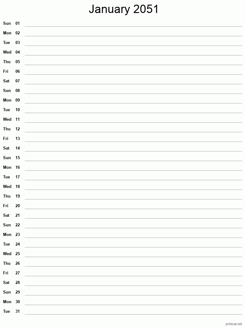 January 2051 Printable Calendar - Single Column Notesheet