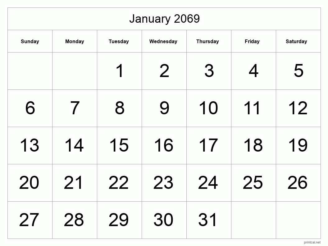 January 2069 Printable Calendar - Big Dates