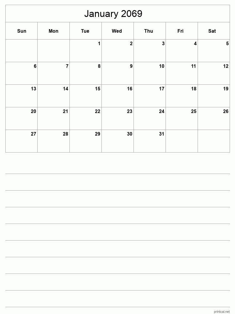 January 2069 Printable Calendar - Half-Page With Notesheet