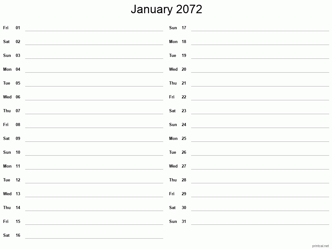 January 2072 Printable Calendar - Two Column Notesheet