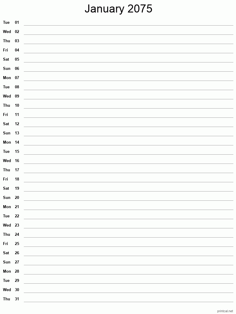 January 2075 Printable Calendar - Single Column Notesheet