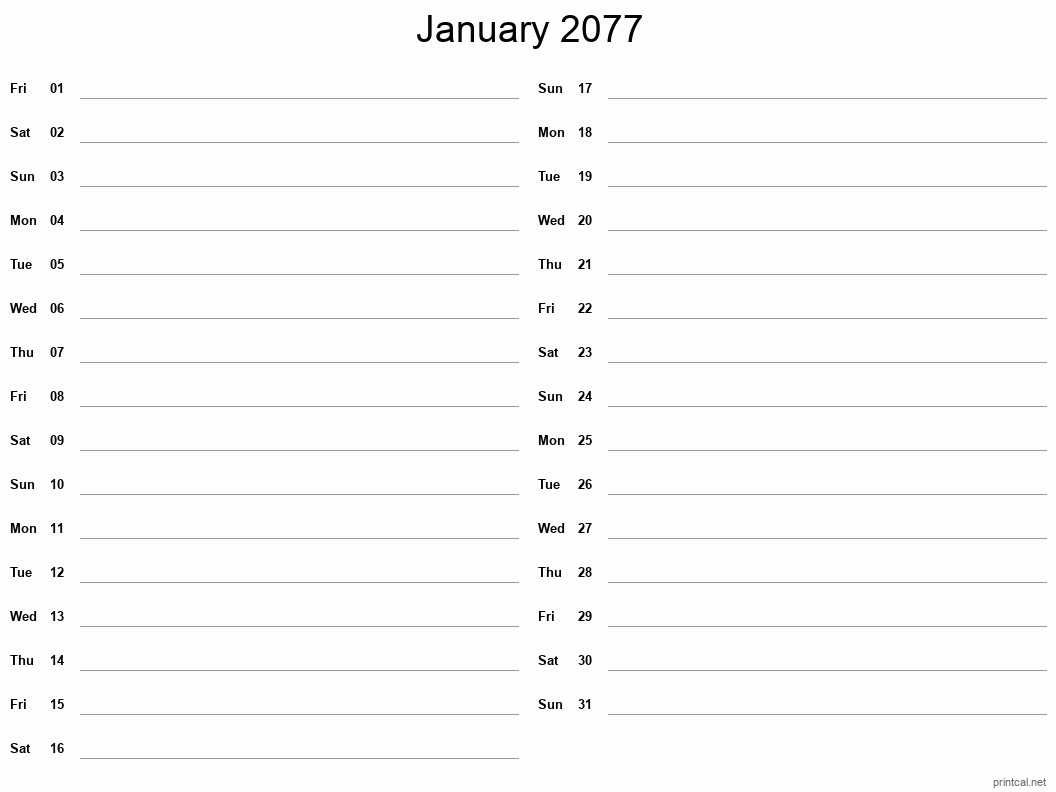 January 2077 Printable Calendar - Two Column Notesheet