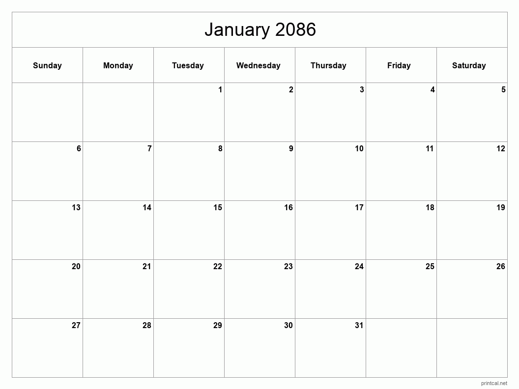 January 2086 Printable Calendar - Classic Blank Sheet