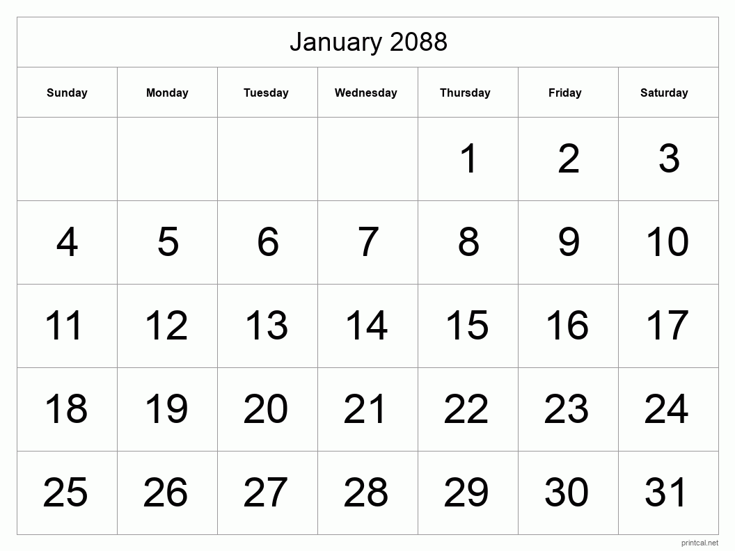 January 2088 Printable Calendar - Big Dates