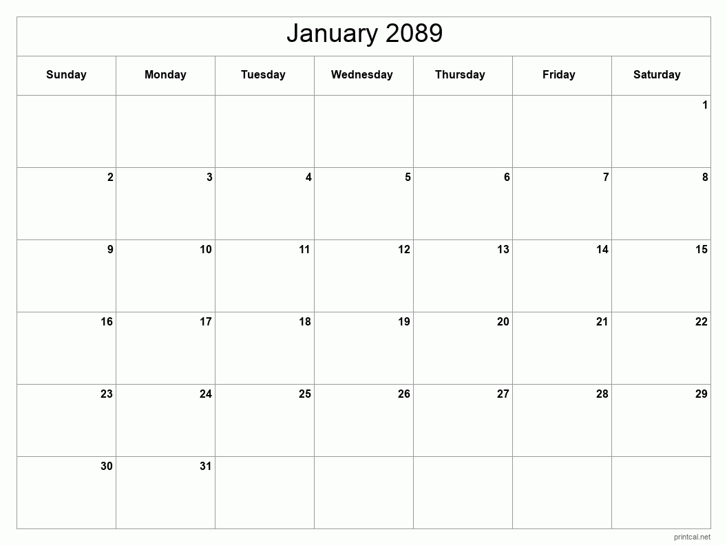 January 2089 Printable Calendar - Classic Blank Sheet