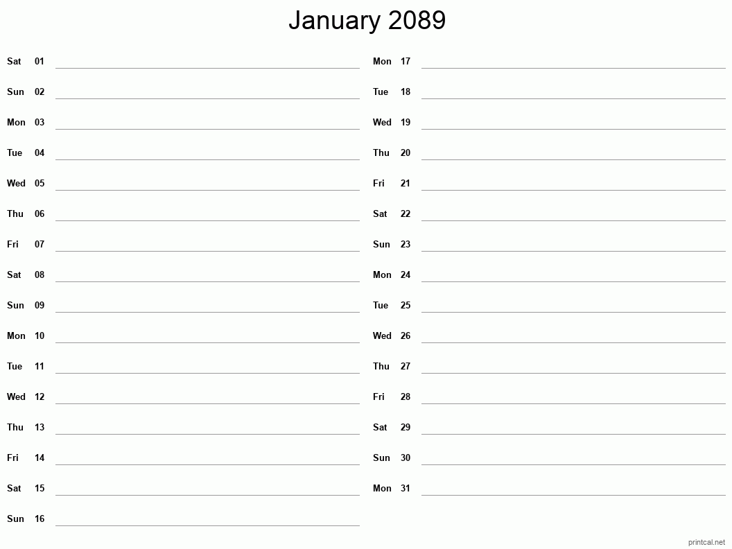 January 2089 Printable Calendar - Two Column Notesheet