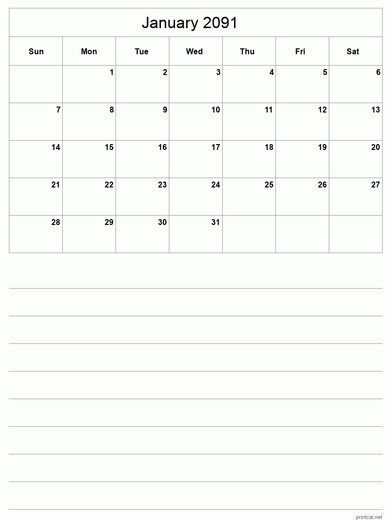 January 2091 Printable Calendar - Half-Page With Notesheet