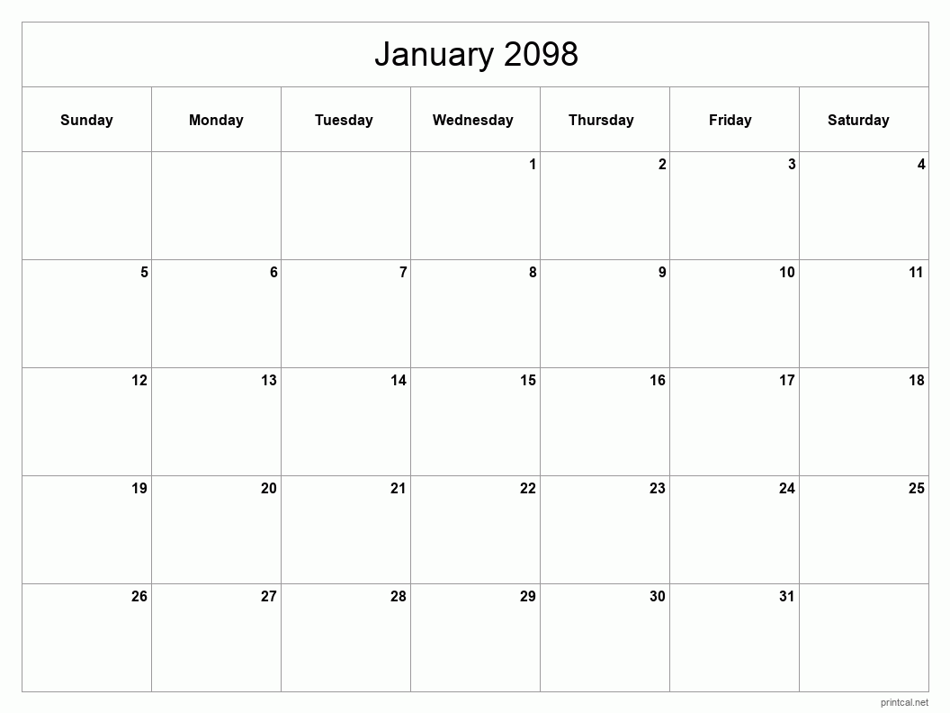 January 2098 Printable Calendar - Classic Blank Sheet