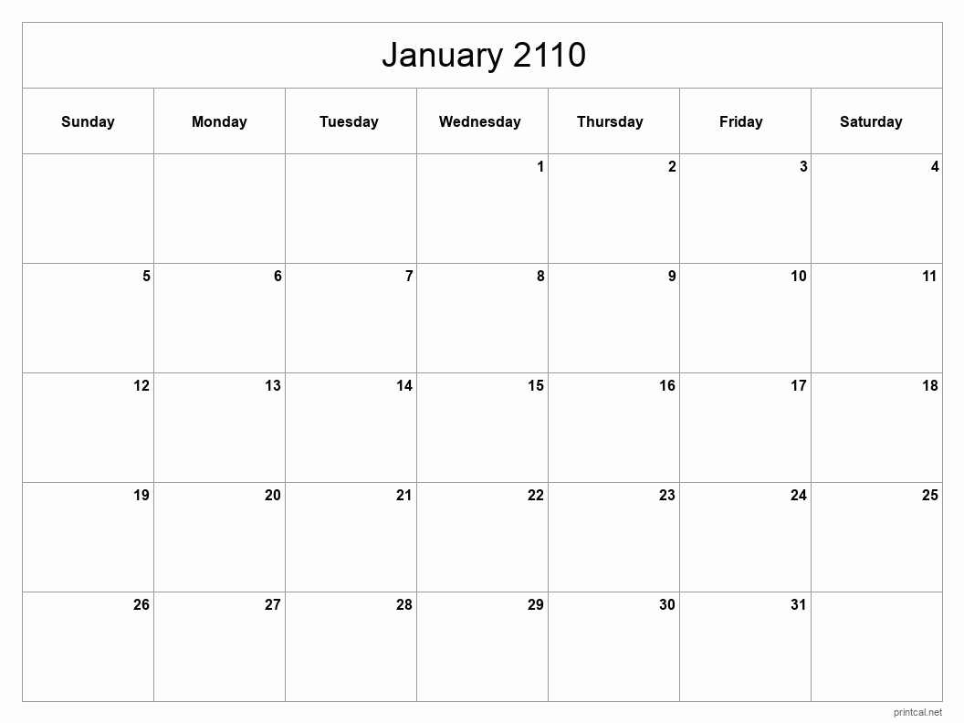 January 2110 Printable Calendar - Classic Blank Sheet