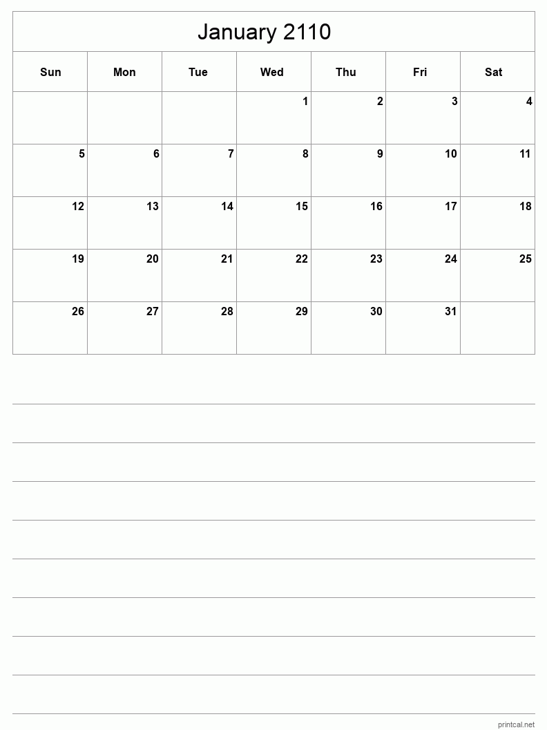 January 2110 Printable Calendar - Half-Page With Notesheet