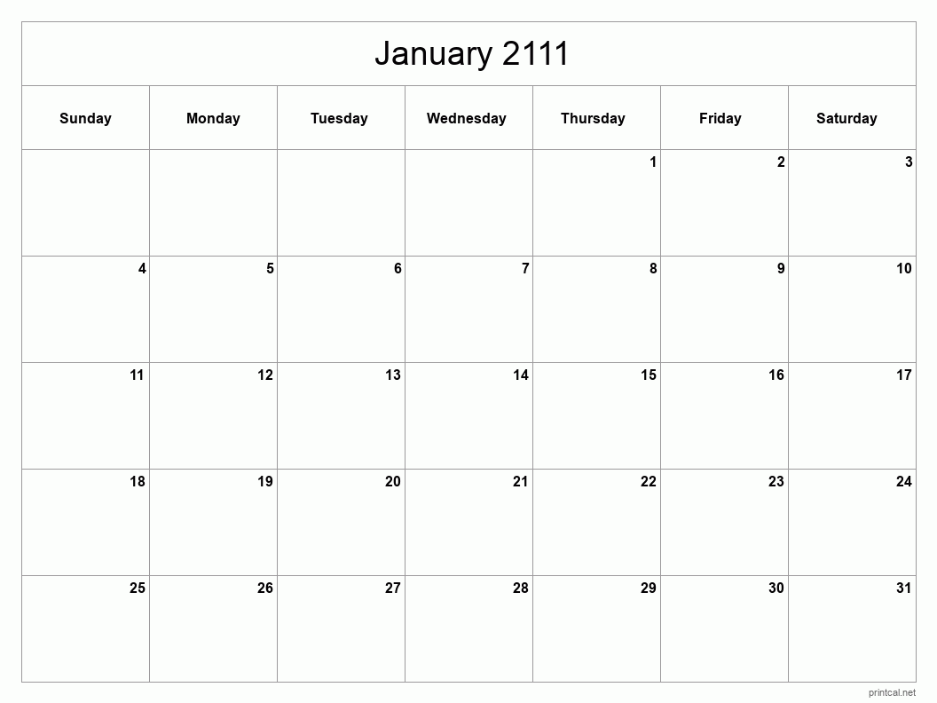 January 2111 Printable Calendar - Classic Blank Sheet