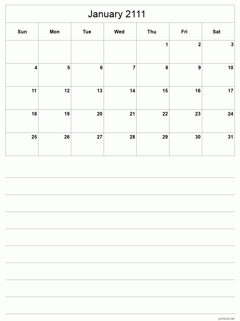 January 2111 Printable Calendar - Half-Page With Notesheet