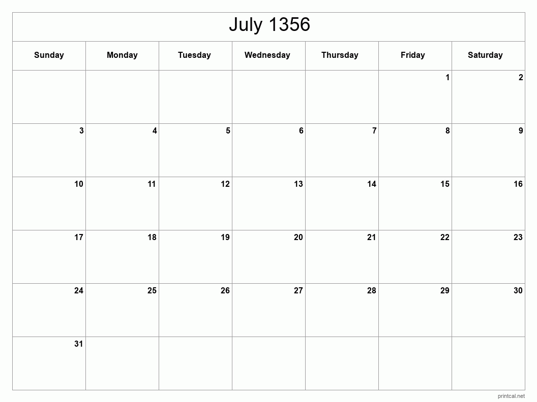 July 1356 Printable Calendar - Classic Blank Sheet