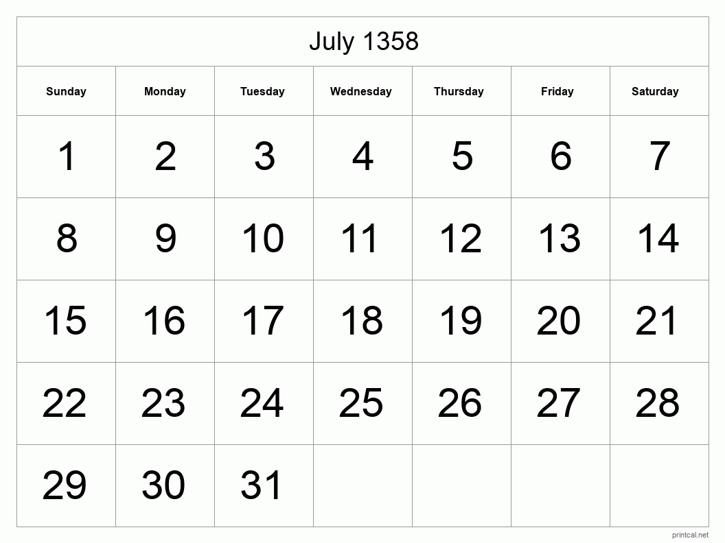 July 1358 Printable Calendar - Big Dates