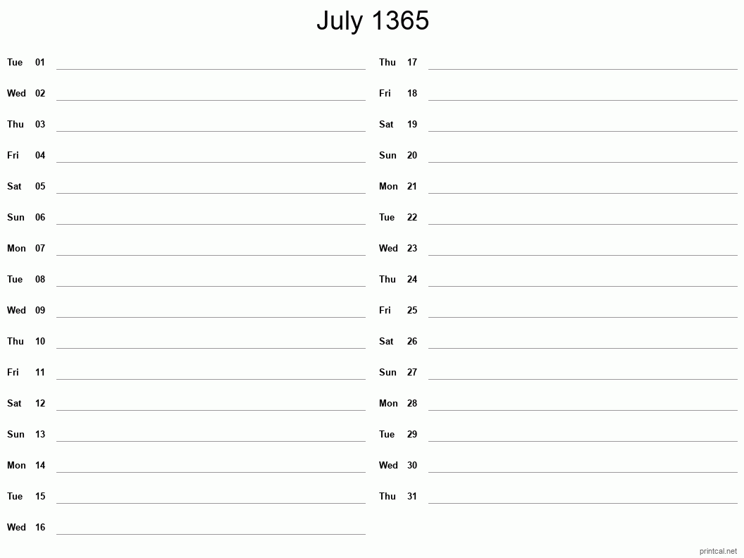 July 1365 Printable Calendar - Two Column Notesheet