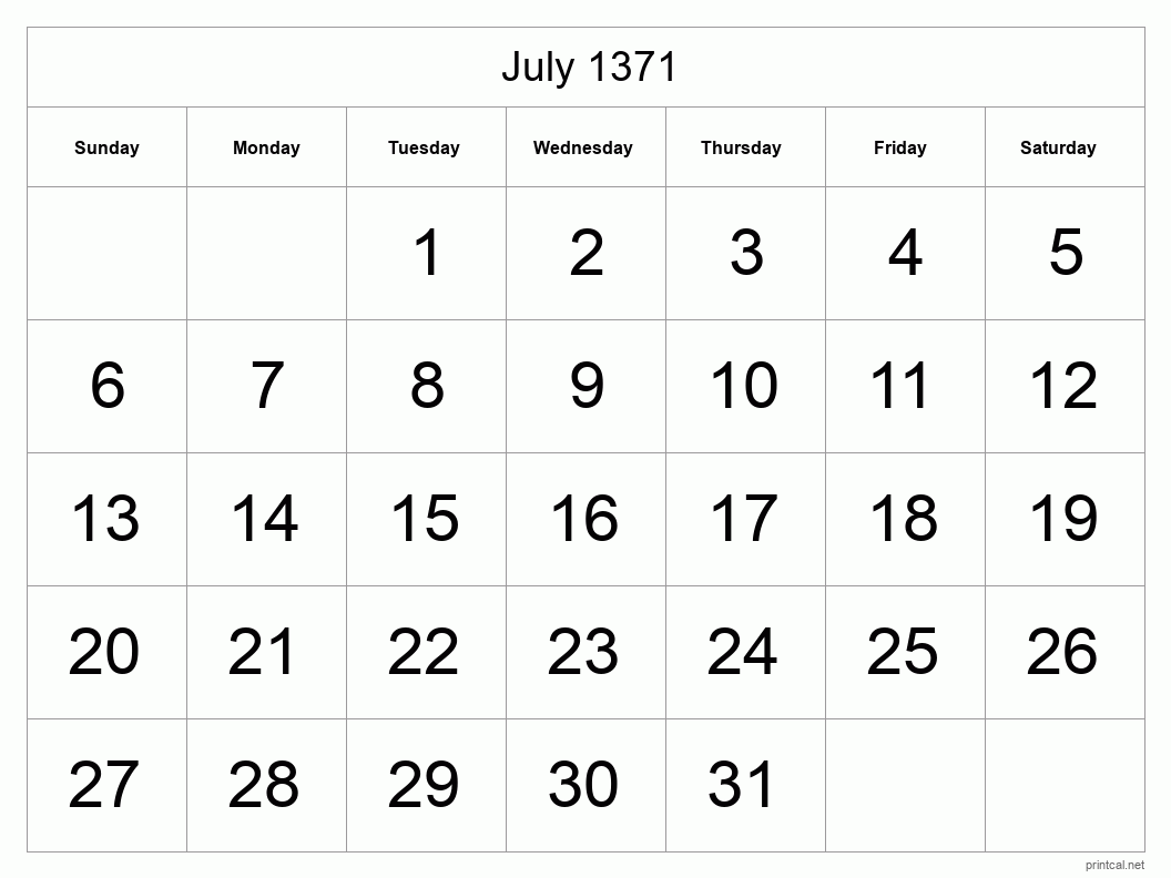 July 1371 Printable Calendar - Big Dates