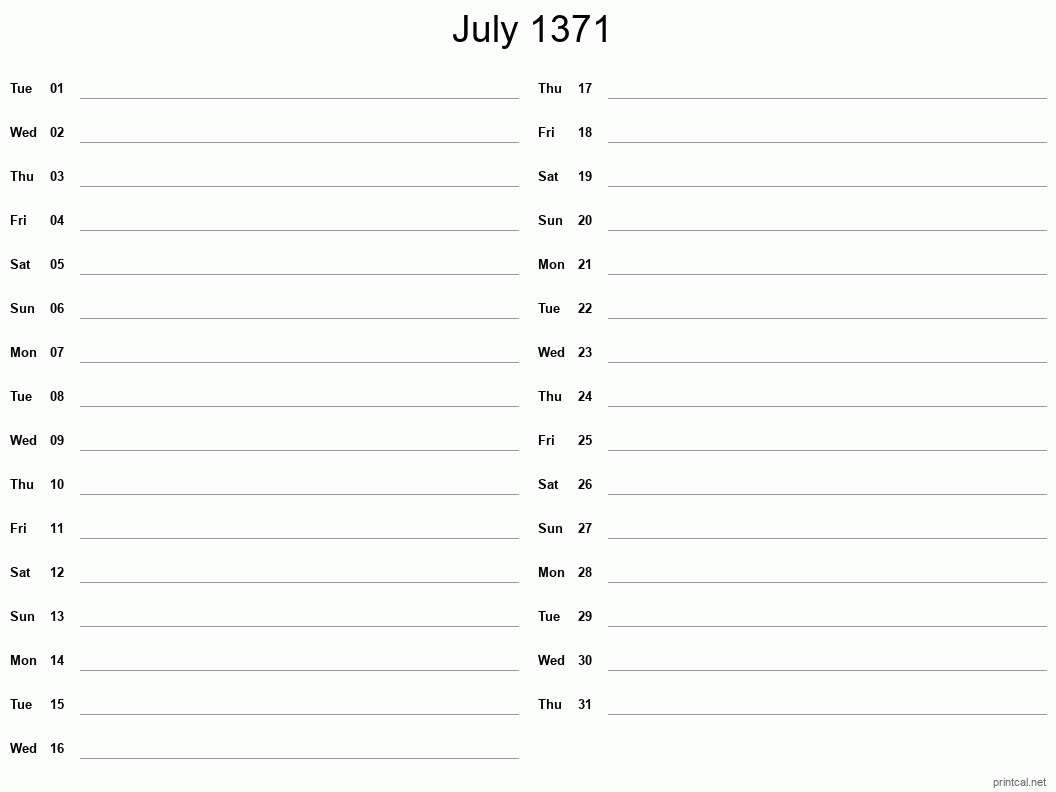 July 1371 Printable Calendar - Two Column Notesheet