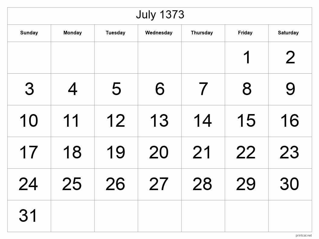 July 1373 Printable Calendar - Big Dates