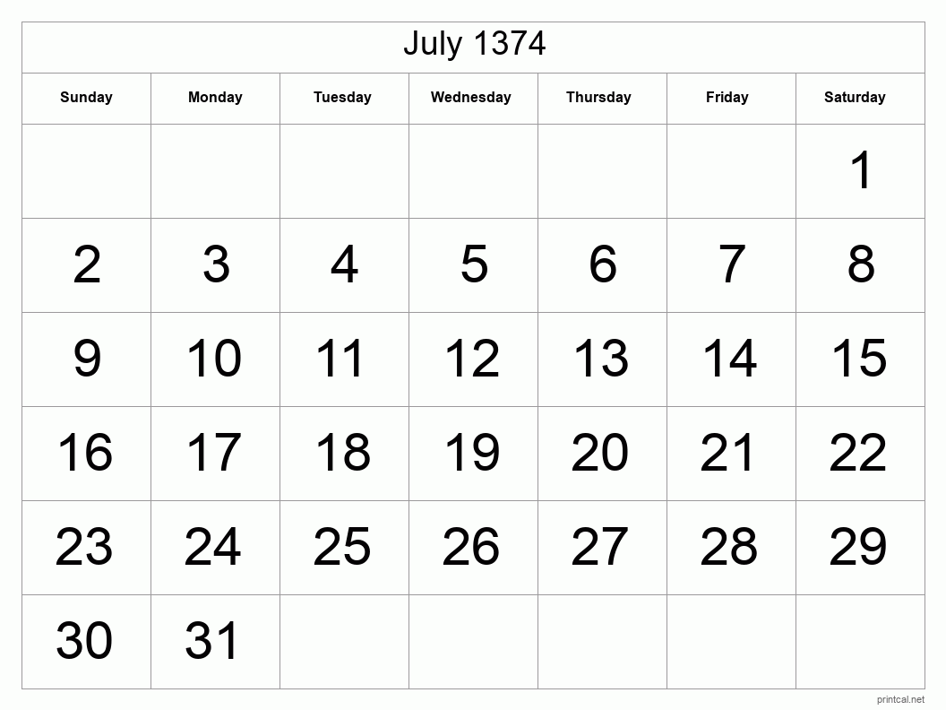 July 1374 Printable Calendar - Big Dates