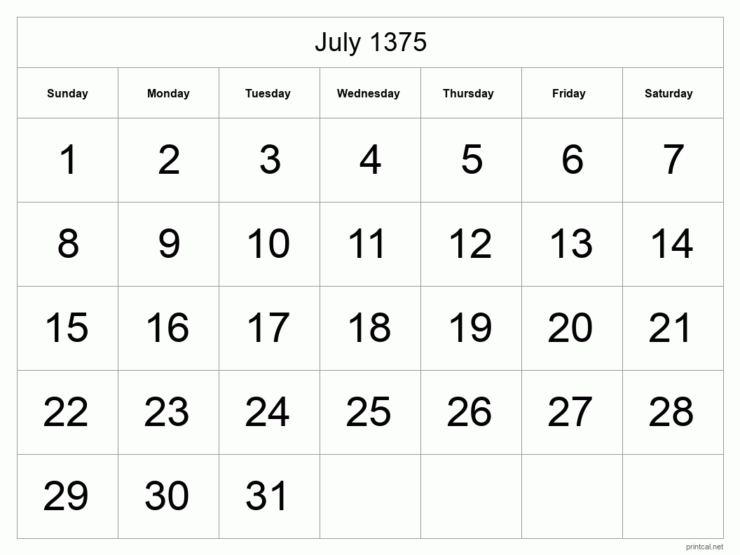 July 1375 Printable Calendar - Big Dates
