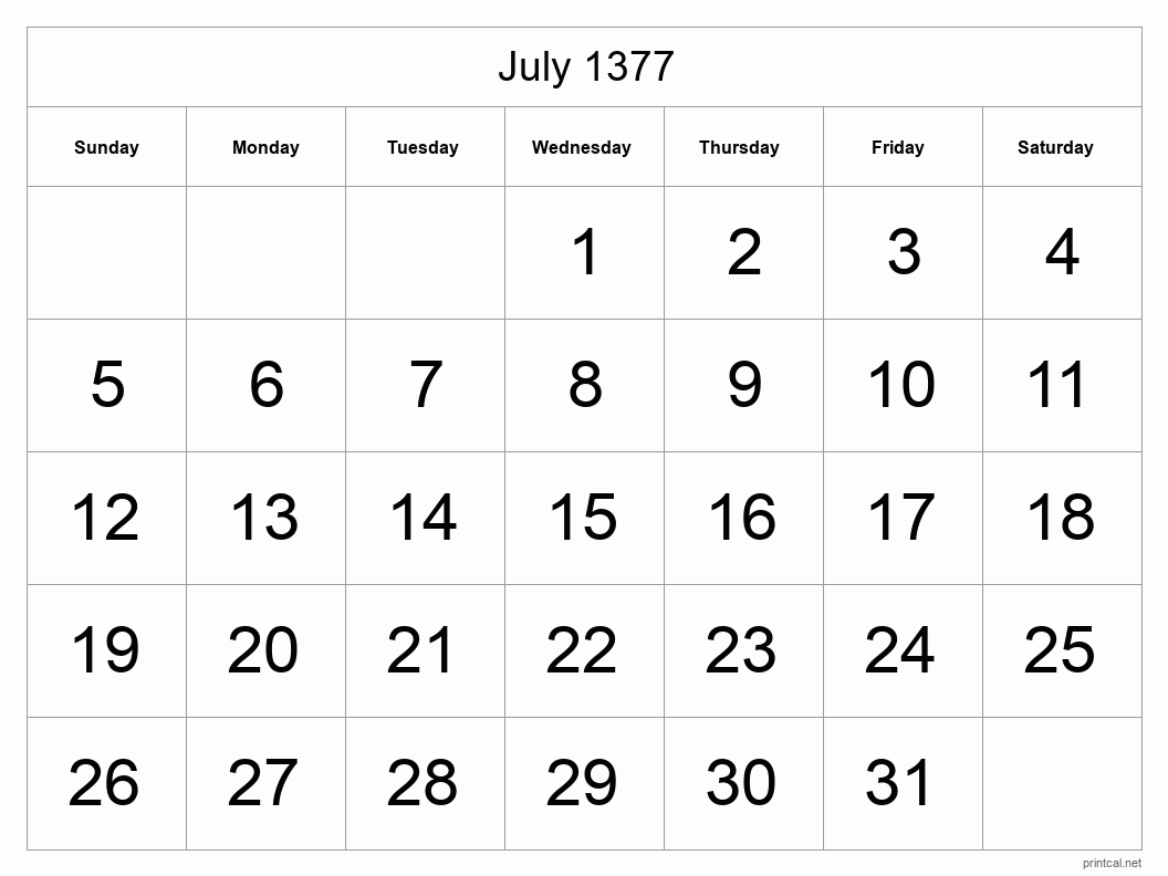 July 1377 Printable Calendar - Big Dates