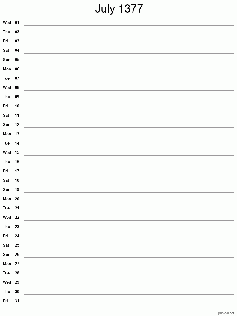 July 1377 Printable Calendar - Single Column Notesheet