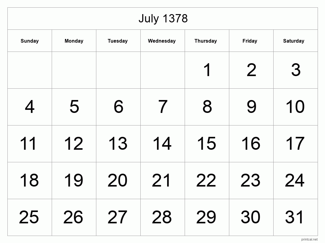 July 1378 Printable Calendar - Big Dates